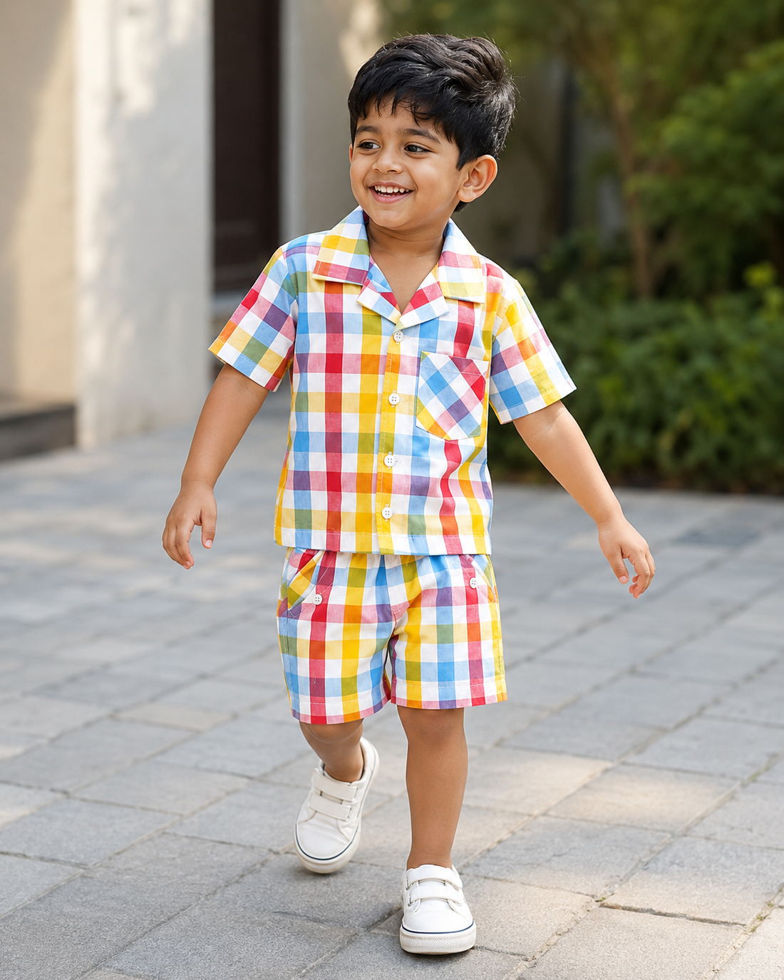 Boys multicolor checked co-ord set with shirt and shorts