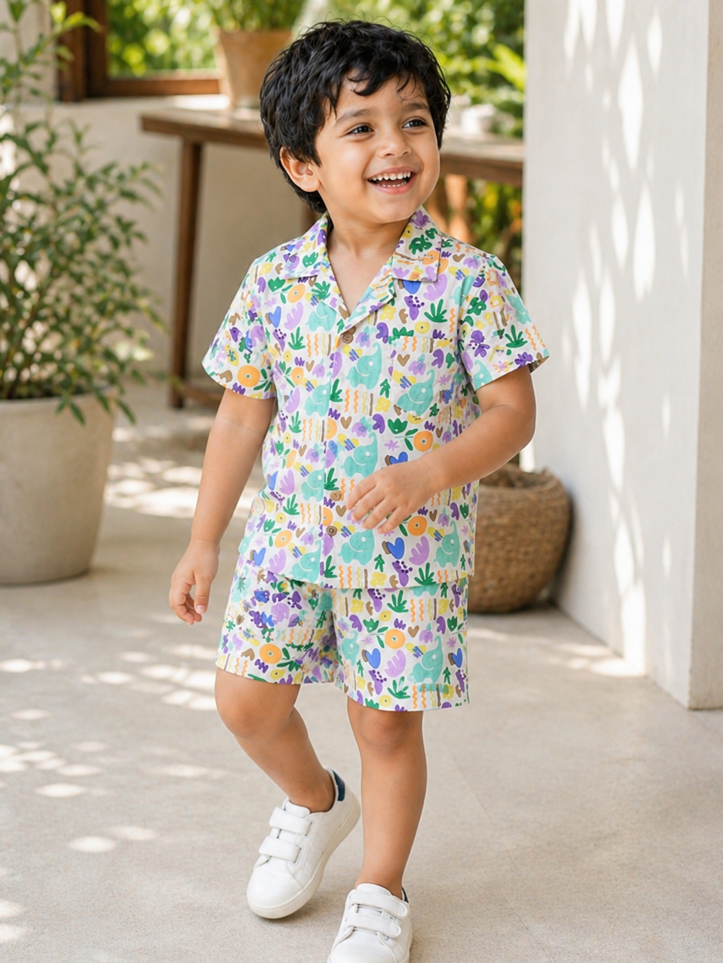Boy wearing Hopebow Riviera print cotton co-ord set