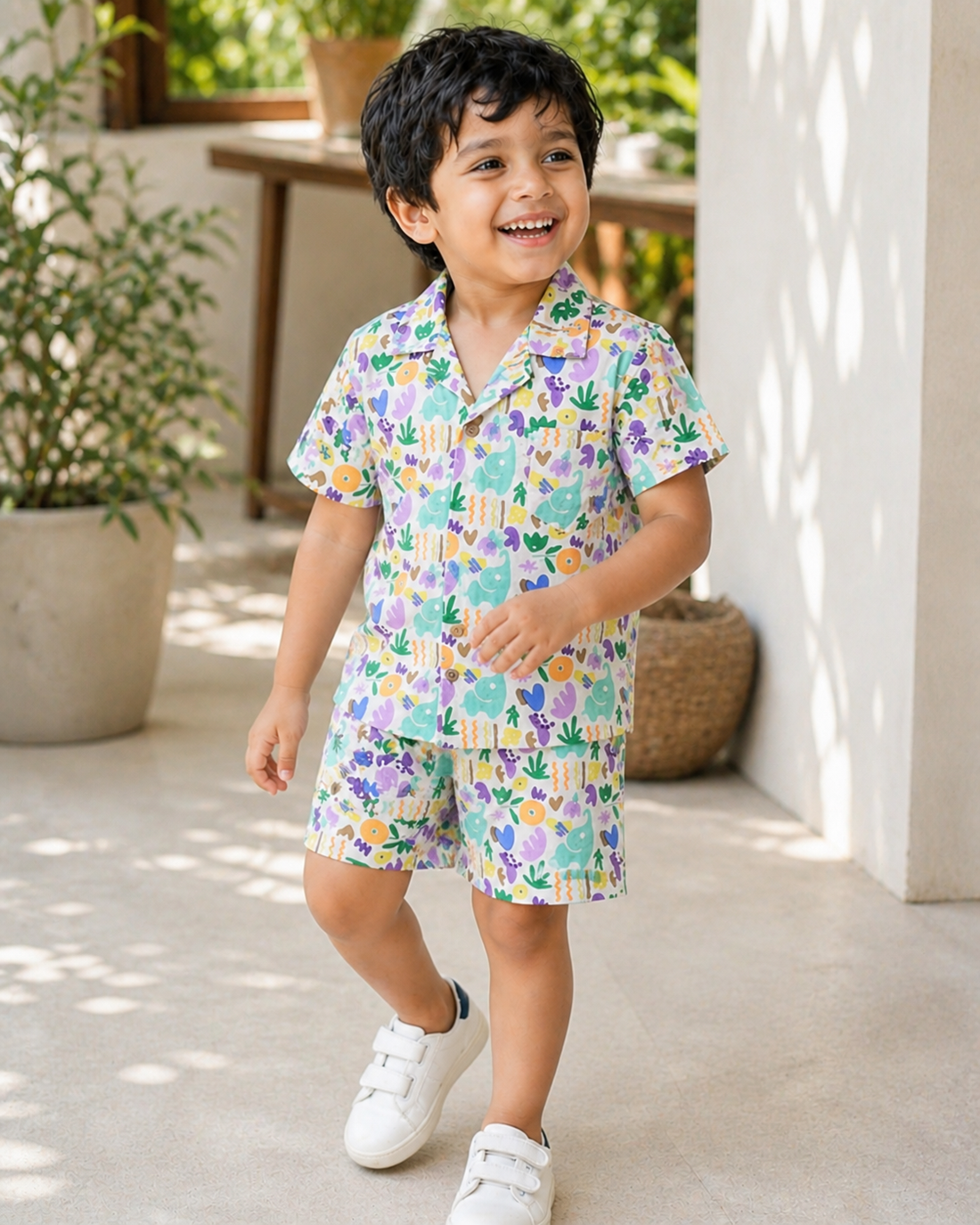 Hopebow Riviera Print cotton boys shirt and shorts co-ord