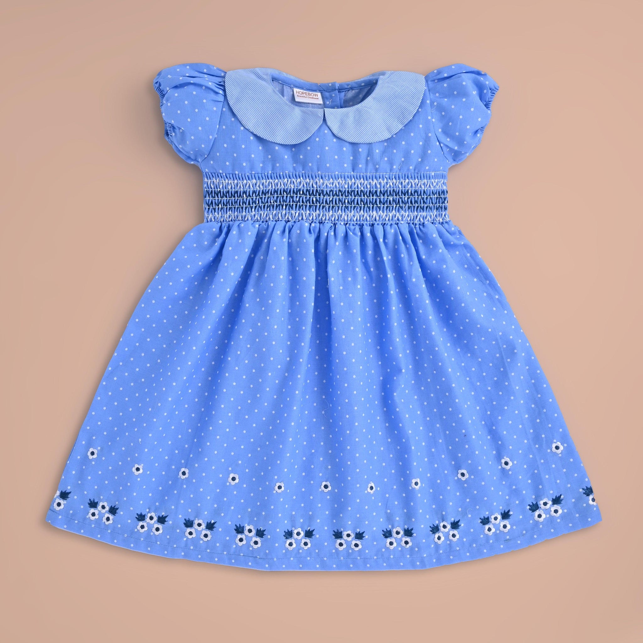 Premium 100% Cotton Girls' Smocked Frock - Soft & Breathable, Elegant Blue Polka Dot Dress for Kids - Luxury Baby Wear for 0-5 Years