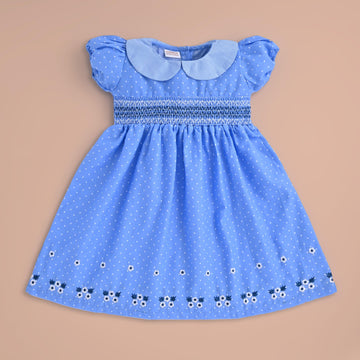 Premium 100% Cotton Girls' Smocked Frock - Soft & Breathable, Elegant Blue Polka Dot Dress for Kids - Luxury Baby Wear for 0-5 Years