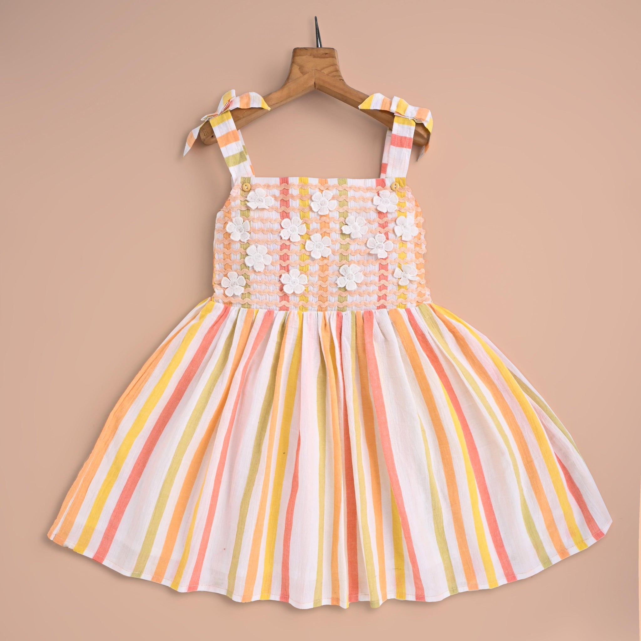 Premium 100% Cotton Girls’ Striped Summer Dress - Hand-Smocked Floral Embroidery, Soft & Breathable Luxury Kidswear for Ages 1-5 Years