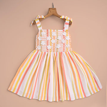 Premium 100% Cotton Girls’ Striped Summer Dress - Hand-Smocked Floral Embroidery, Soft & Breathable Luxury Kidswear for Ages 1-5 Years