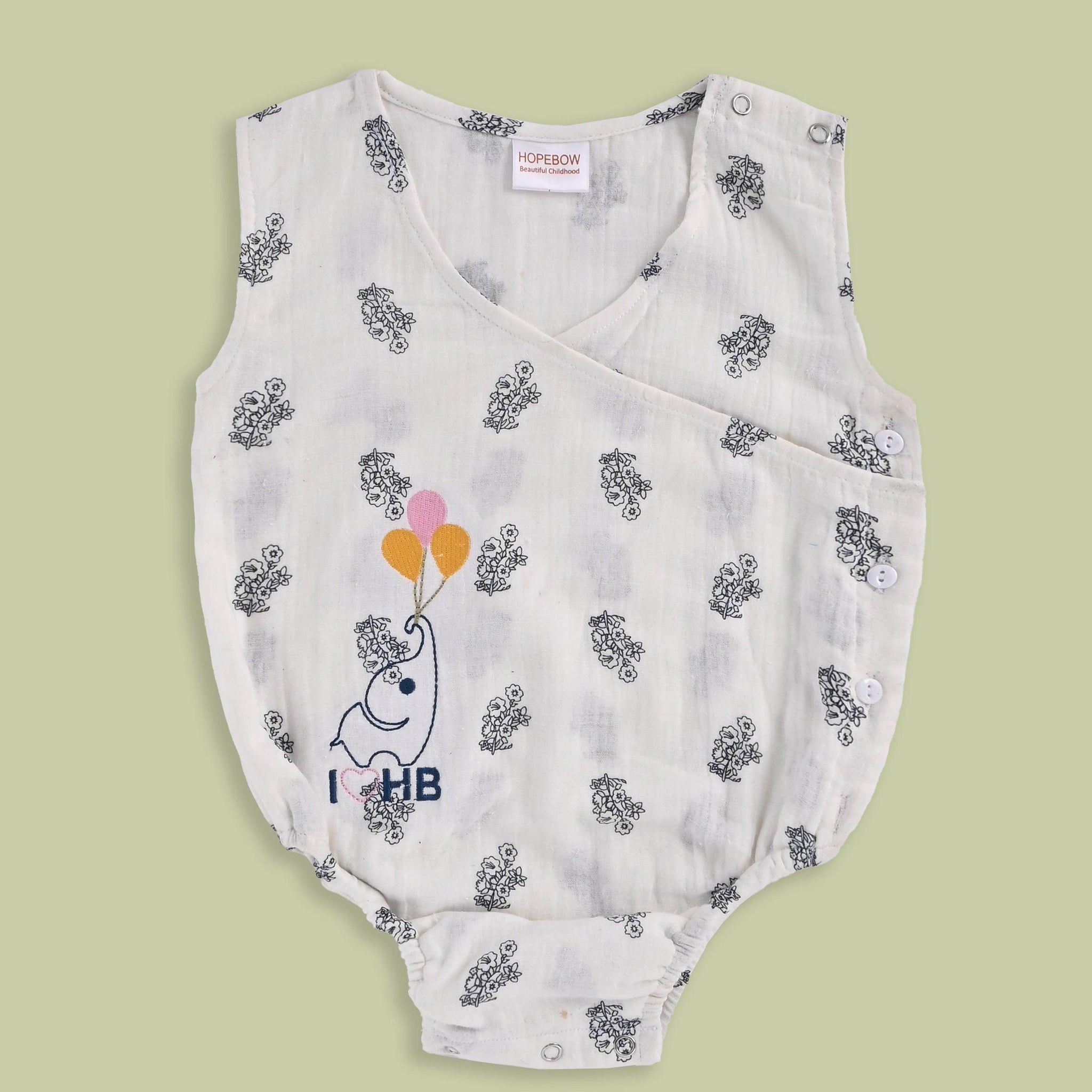 Hopebow 100% Cotton Elephant Balloon-Embroidered Wrap Romper – Soft & Breathable