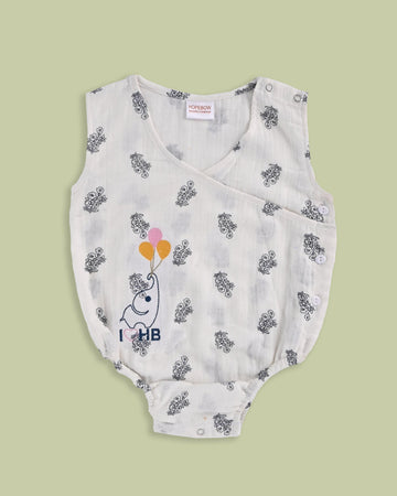 Hopebow 100% Cotton Elephant Balloon-Embroidered Wrap Romper – Soft & Breathable