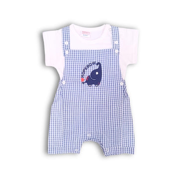 Baby Boys & Girls Cotton Dungaree Romper with T-Shirt Blue Gingham Overalls with Elephant Embroidery