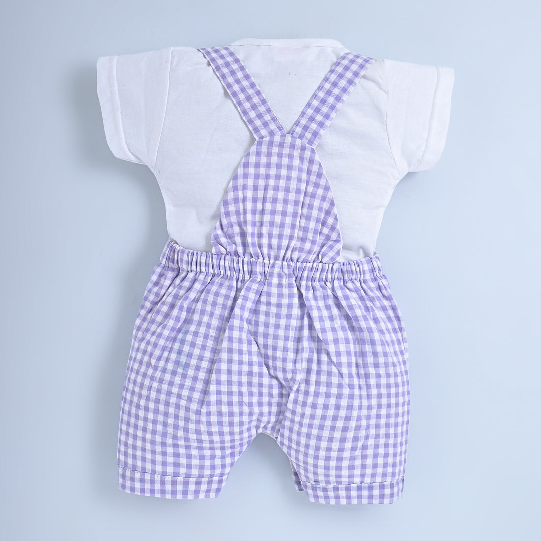 Baby Boys & Girls Cotton Dungaree Romper with T-Shirt Purple Gingham Overalls with Elephant Embroidery
