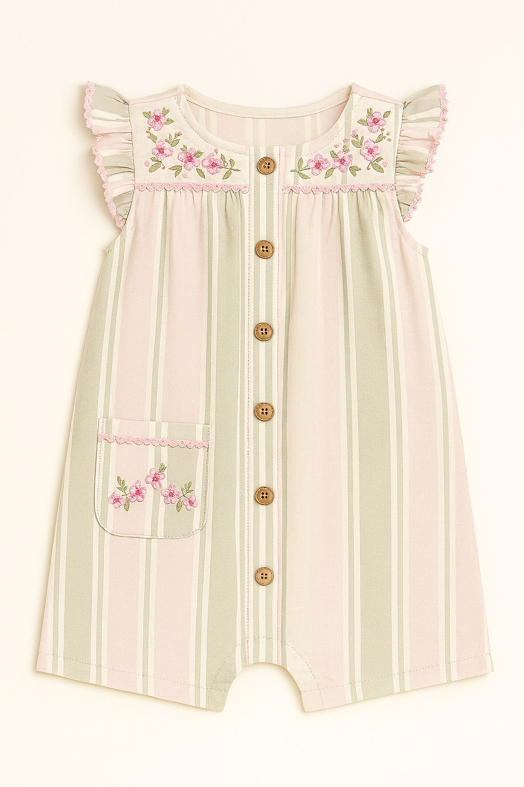 Baby Girls Cotton Romper with Floral Embroidery & Accessories Summer Outfit with Bow & Scrunchies