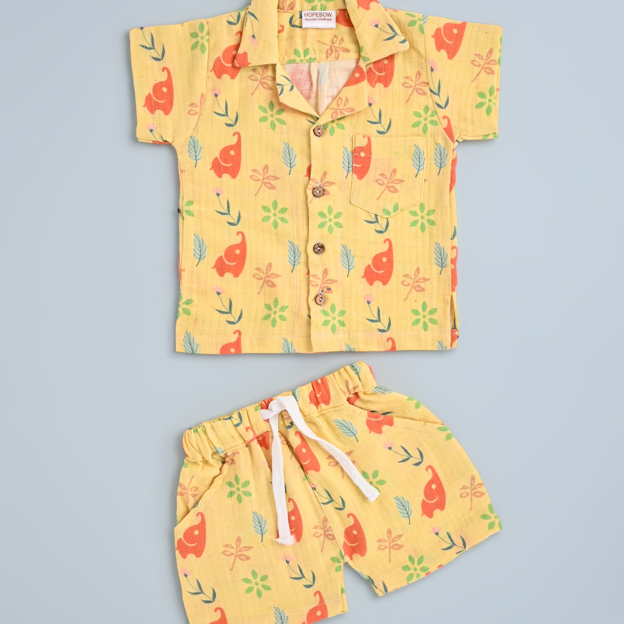 Boys & Girls Yellow Cotton Summer Co-Ord Set – Short Sleeve Shirt with Matching Printed Shorts