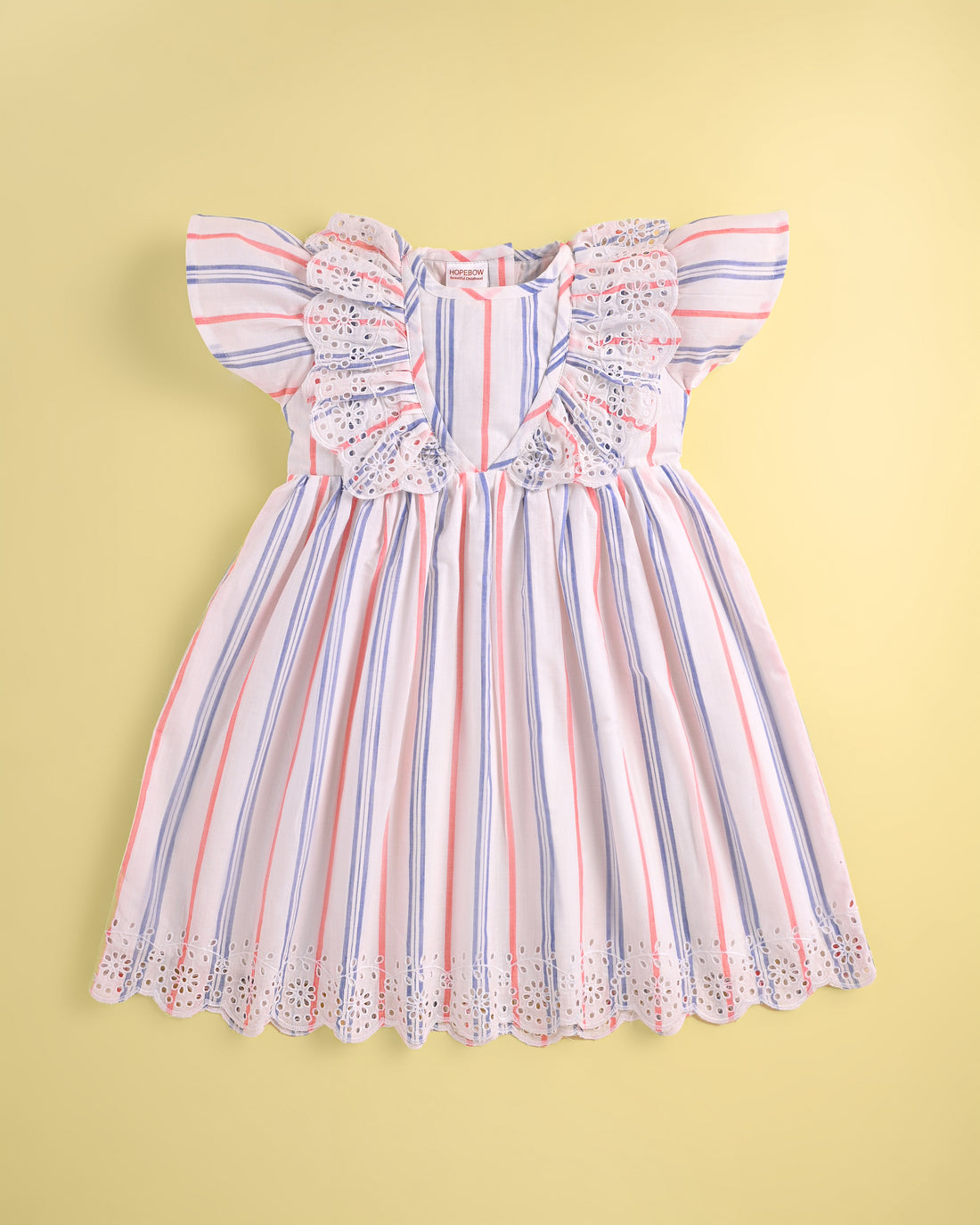Girls Cotton Striped Dress with Eyelet Lace Collar – Soft Summer Party Dress for Toddlers & Kids