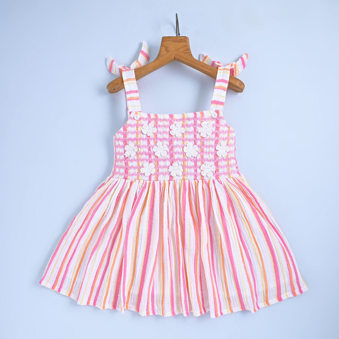 Girls Striped Cotton Summer Dress with Floral Embroidery – Soft Breathable Sundress for Toddlers & Kids